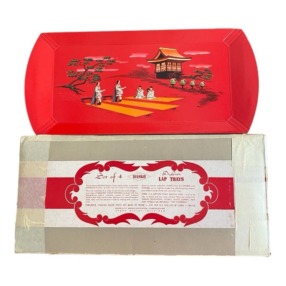Set of 4 1950s lap trays, Red with Asian scene - Picture 9 of 10